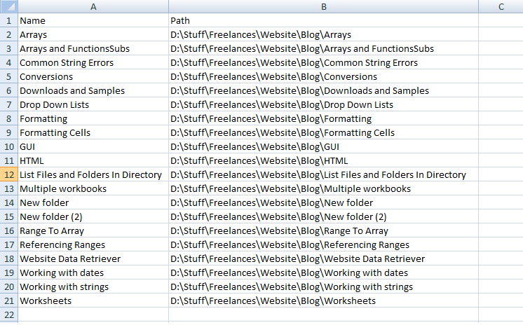 List of Folder Names and Paths Excel VBA