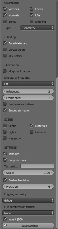 JSON Export Settings