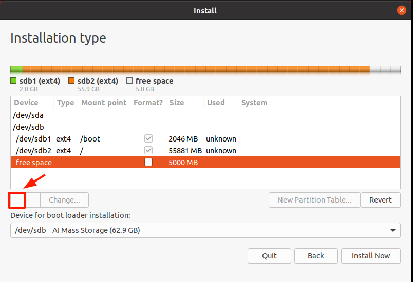 Partition table boot and root partition created