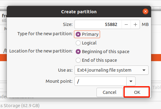 Create root partition on USB drive