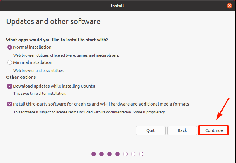 Select the updates and installation mode Ubuntu 20.04 installation