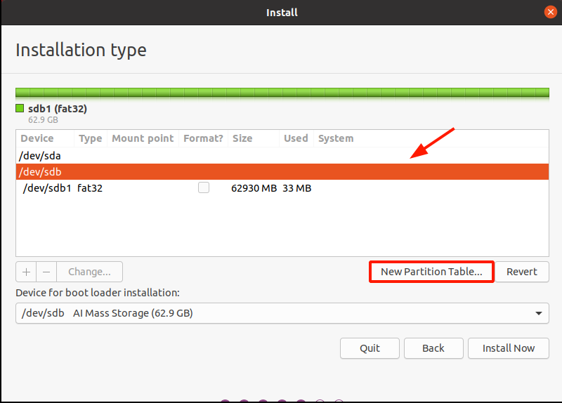 Create a new partition table on the USB drive