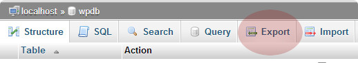 Export tab to export WordPress database using phpMyAdmin