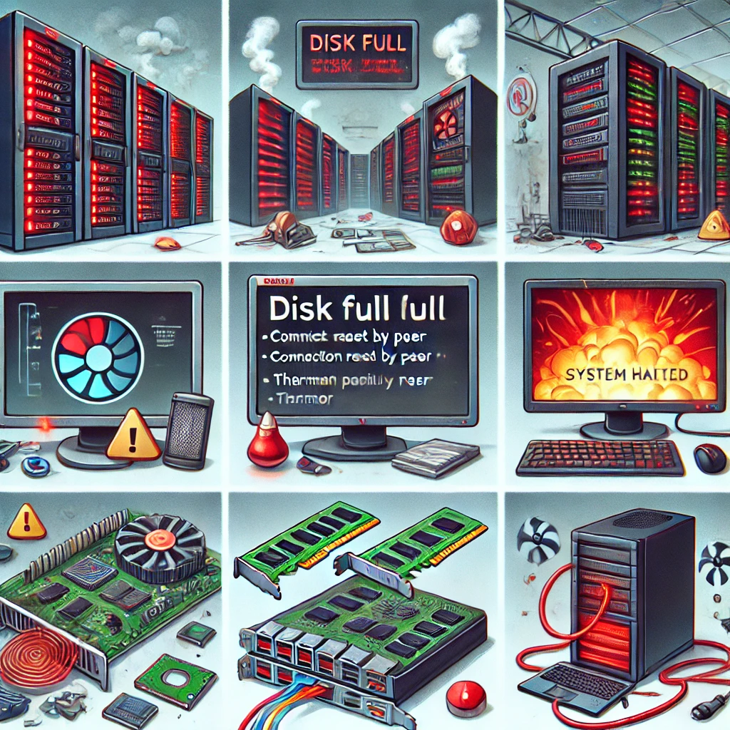 DALL·E 2025-03-01 17.05.42 - A digital illustration showing various software and hardware error scenarios in a computer system. The image should include___1. A server room with bl.png