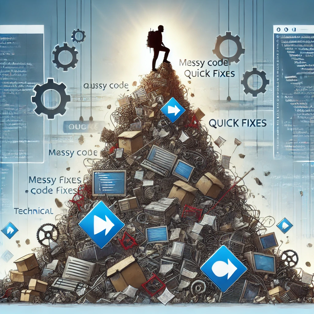 2025-01-23-01 기술부채 01 DALL·E 2025-01-23 18.46.37 - A conceptual illustration of technical debt in software development. The image should depict a software engineer climbing a mountain made of messy cod.png
