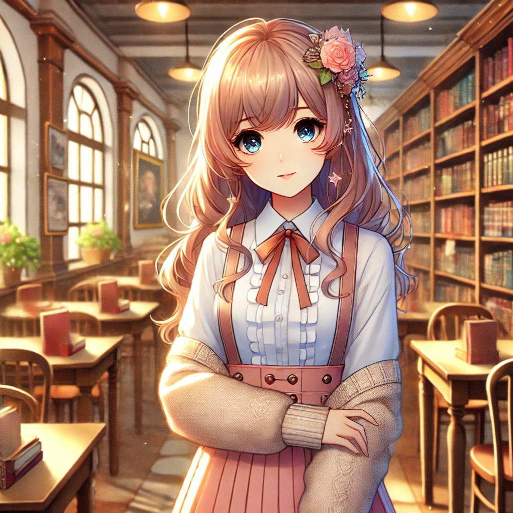 2025-02-18-01 미연시 게임 여주 01 2025-02-18 00.12.02 - A beautiful anime-style girl standing in a school library, with bookshelves filled with books in the background. She has a charming and sweet expressi.png