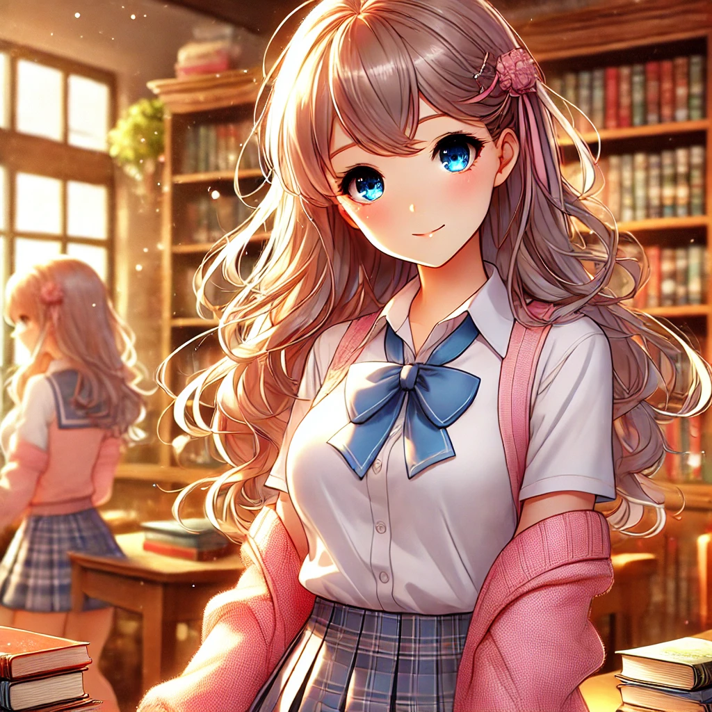 2025-02-18-01 미연시 게임 여주 02 2025-02-18 00.12.51 - A beautiful anime-style girl standing in a school library, with bookshelves filled with books in the background. She has a charming and sweet expressi.png