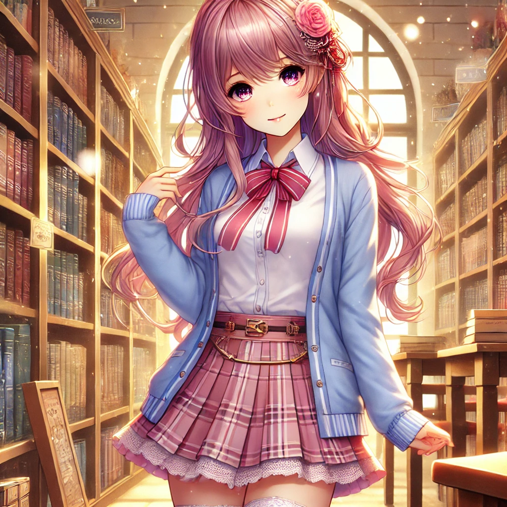 2025-02-21-02 미소녀 연애 시뮬레이션을 만들기 02 - A stunning anime-style girl standing in a cozy school library, surrounded by bookshelves filled with books. She has a sweet and charming expression, w.png