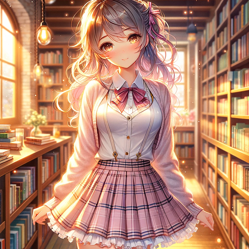 2025-02-21-01 미소녀 연애 시뮬레이션을 만들기 01 - A stunning anime-style girl standing in a cozy school library, surrounded by bookshelves filled with books. She has a sweet and charming expression, w.png
