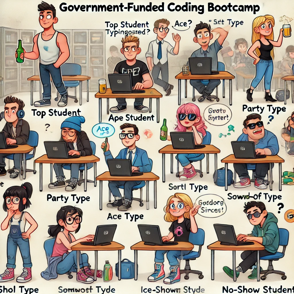 DALL·E 2025-03-24 02.55.17 - A humorous classroom scene showing different types of students at a government-funded coding bootcamp. Each character has a distinct personality_ a to.png