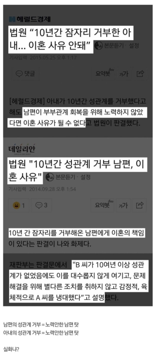 10년잠자리 거부한 아내 이혼사유 안돼,,,근데 남편은.jpg