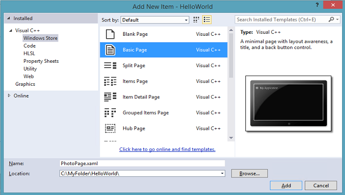 Visual Studio 새 항목 추가 대화 상자 Visual Studio 새 항목 추가 대화 상자