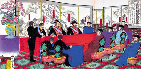 리훙장 등 청국 대표단(그림 오른쪽)과 이토 히로부미 등 일본 대표단이 일본 시모노세키에서 벌인 청일전쟁 강화회담 장면을 그린 일본 전통회화 우키요에(浮世繪)/'일조각'