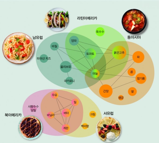 전 세계 요리를 분석한 결과 동아시아와 라틴아메리카, 남유럽의 요리에는 공통된 식재료가 있었다. 이 세 지역은 특히 마늘을 주재료로 많이 이용했다. 반면 북아메리카와 서유럽은 서로 비슷한 재료를 이용해 요리하지만 앞