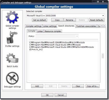 Settings > Compiler and debugger