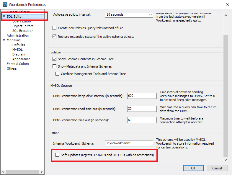 MySQL workbench safemode off