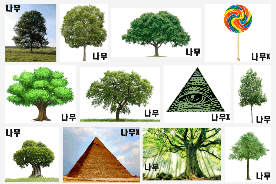 '나무' vs '나무X' 데이터 - 예시와 레이블의 나열