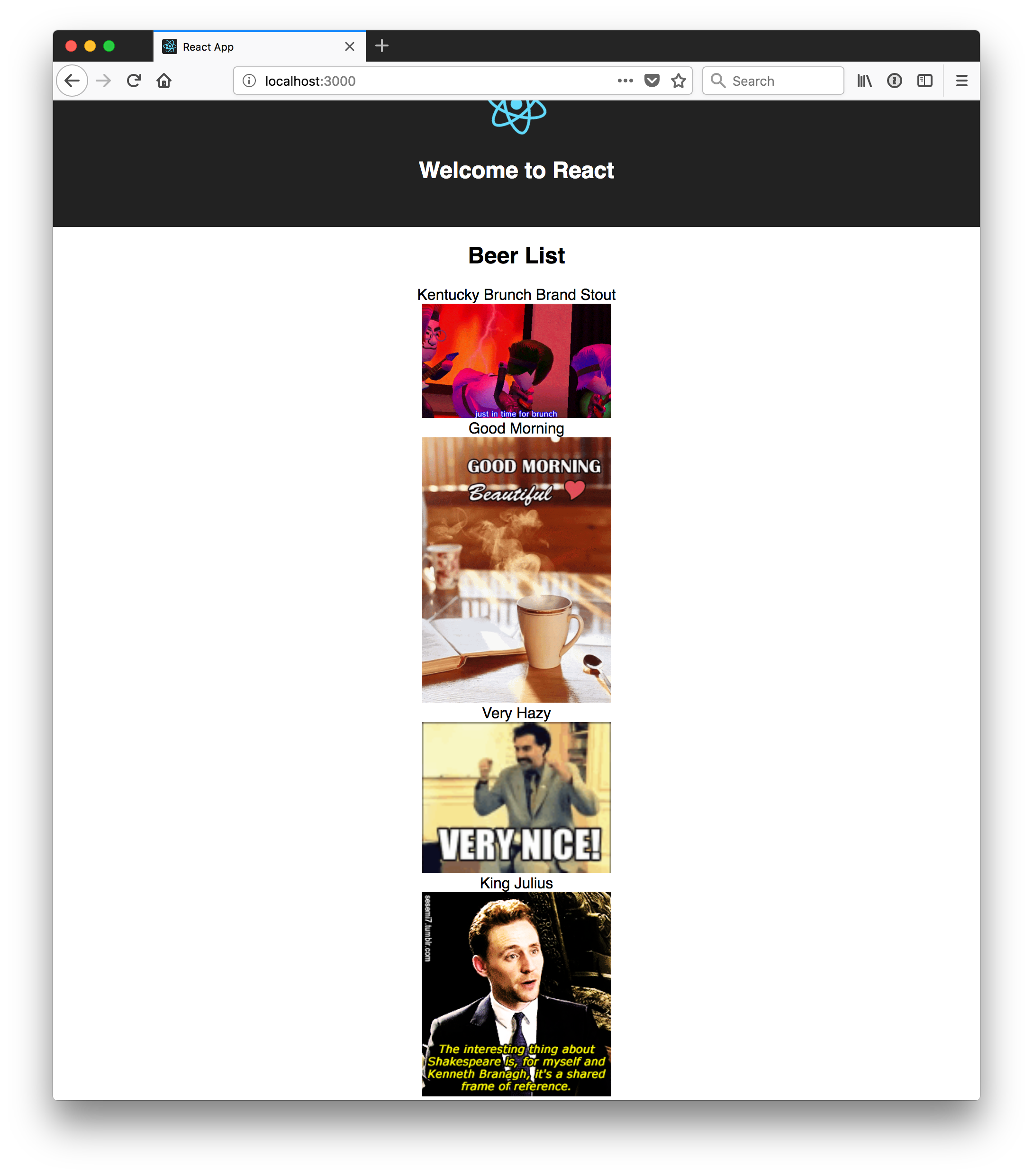 Beer list with Giphy images