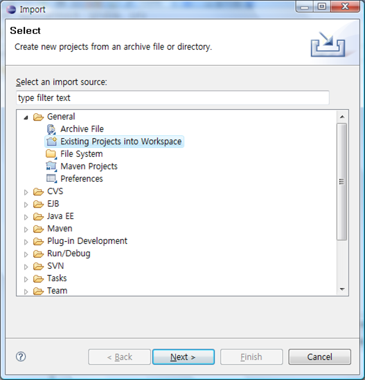 Import wizard에서 General>Existing Projects into Workspace 를 선택후 next 버튼을 클릭 Import wizard에서 General>Existing Projects into Workspace 를 선택후 next 버튼을 클릭
