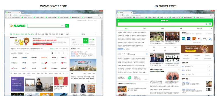 적응형 웹과 반응형 웹을 조합한 네이버