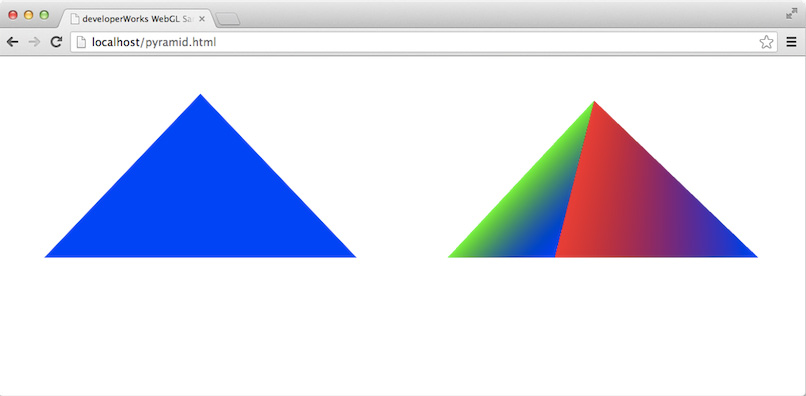 Screen capture of pyramid.html, in which the pyramid sides have been modified with interpolated color gradients