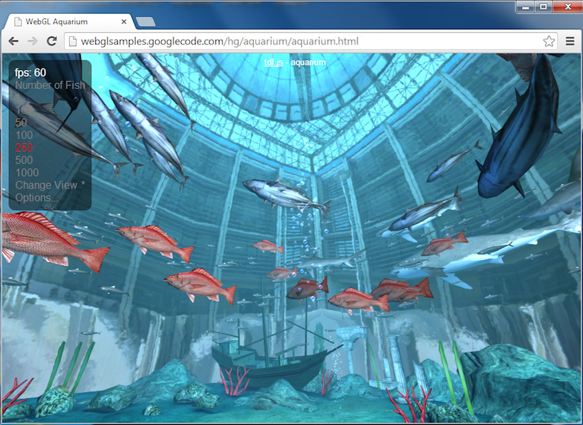 Screen capture of the Google WebGL Aquarium