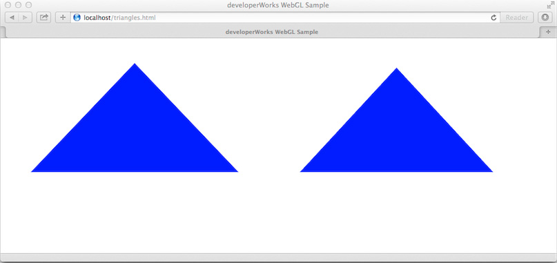 Screen capture of the triangles.html page, which contains two blue triangles