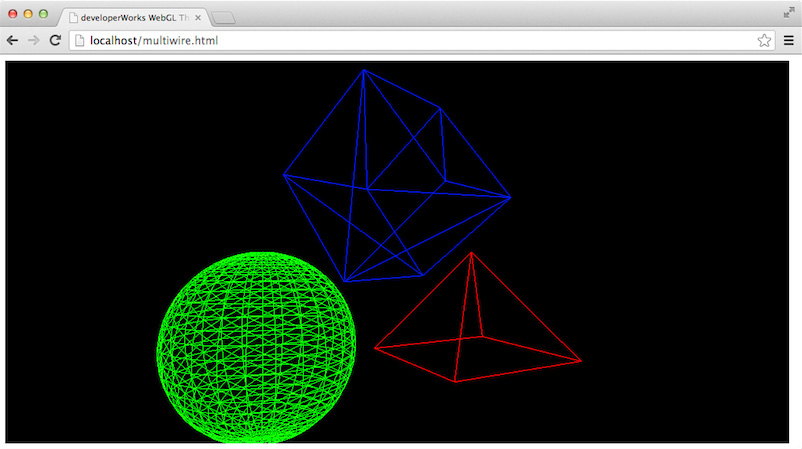 Screen capture of multiwire.html, which contains 3D wireframes for a sphere, a cube, and pyramid.