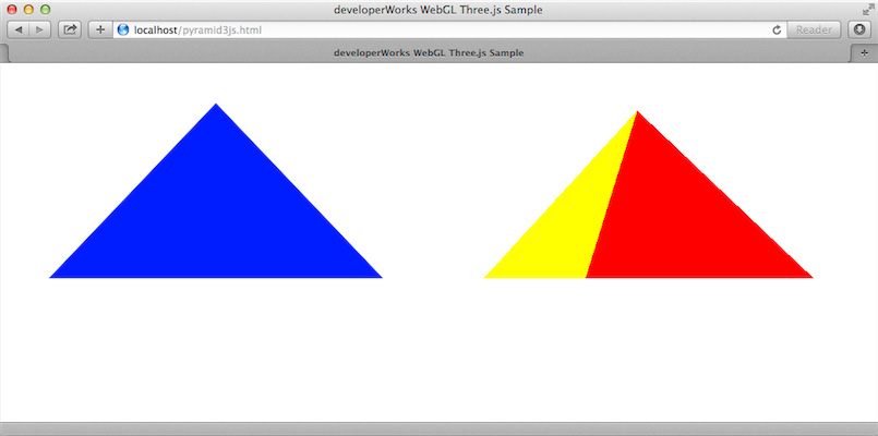 Screen capture of pyramid3js.html A rotated 3D pyramid is on the right, and a 2D triangle is on the left.