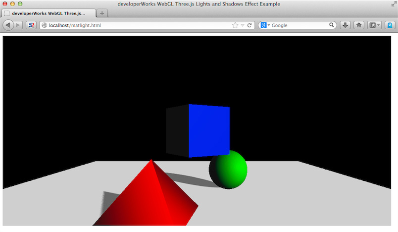 Screen capture of matlight.html, a 3D scene with light and shadow