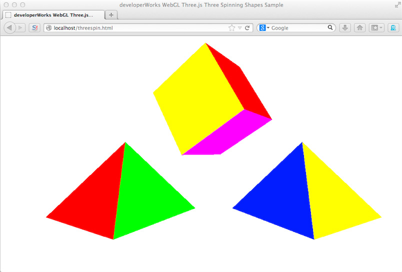 Screen capture of threespin.html. A spinning 3D cube appears above two side-by-side rotating pyramids.