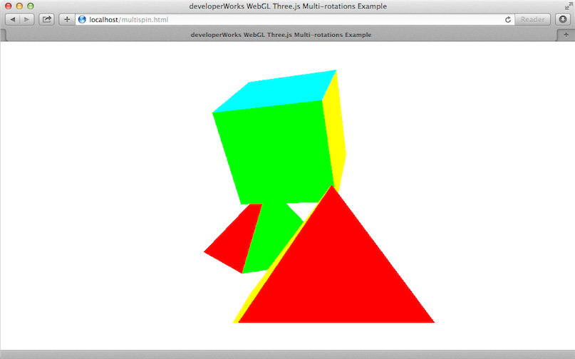 Screen capture of multispin.html. Three 3D shapes rotate both individually and as a group