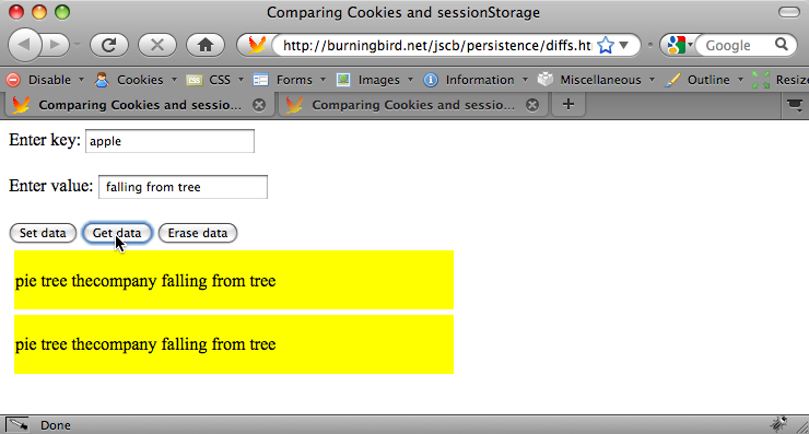 Showing current value for âappleâ in sessionStorage and Cookie