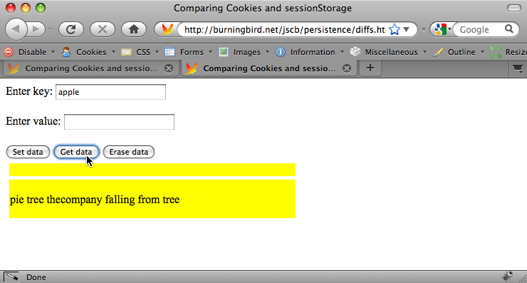 Again, showing current value for âappleâ in sessionStorage and Cookie, but in a new tab window